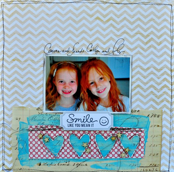 Ideas for Mixing Patterned Papers on Scrapbook Pages | Smile by Dina Wakley | Supply List: Paper: Studio Calico, Vintage ledger, Jenni Bowlin Studios; Word die cut: Basic Grey; Wood stars: Studio Calico