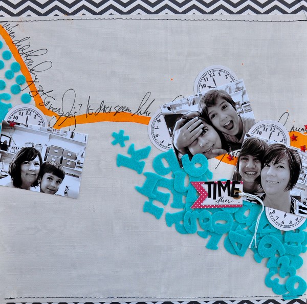 Time Flies by Dina Wakley | Supplies: Cardstock by Bazzill, ink by Dylusions for Ranger, alphabet by American Crafts, tag by Jenni Bowlin Studios, paper by Basic Grey, clocks by Jenni Bowlin Studios.