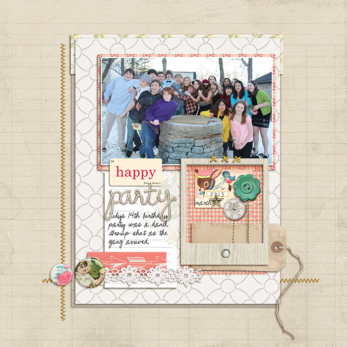 Happy Party by Debbie Hodge | Supplies: Victoria, Magpie, Playful Embellishment Set by Jenni Bowlin Digital; Noted by Celeste Knight; Peachy Transparencies by Karla Dudley; Torquay Elements by Kaye Winiecki; String Me Along Alpha by Zoe Pearn; Sitched by Anna Yellow by Anna Aspnes; Flossy Stitches Yellow by Katie Pertiet; Woodland by Jenn Barrette; Frolic by Traci Reed; World's Best Dad, Family Edition Flair by Little Butterfly Wings; Stitched Flowers by Gennifer Bursett; Birthday Cake by Sahlin Studio; Pea XOXO, 1942 Report fonts
