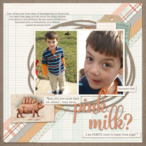 Kelly Prang "Pink Milk" |Supplies: Lisa Dickinson Template, One Little Bird- Artisan- papers and elements, Allison Pennington- Autumnal - papers and stitches, Sara Gleason- Family Almanac- elements, Val WIbbens,- Sprinkles N.29- elements,Vintage Pig Illustration purchased from Etsy, Circle Cut File- Jen Schow