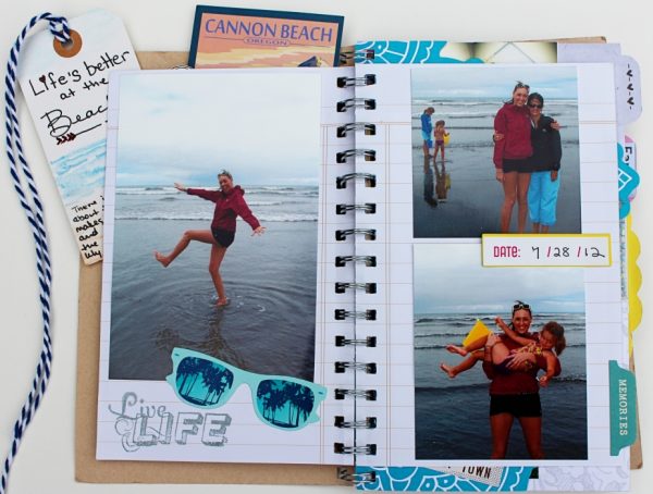 Travel Journal by Shanna Hystad | Supplies: Amy Tangerine Sketchbook, Embellishments-American Crafts Shoreline Collections, shipping tag, Derwent Watercolor Pencils, Creative Memories fine-tip pen, Live Life stamp, Jenni Bowlin Ink-color weather vane, blue and white twine.